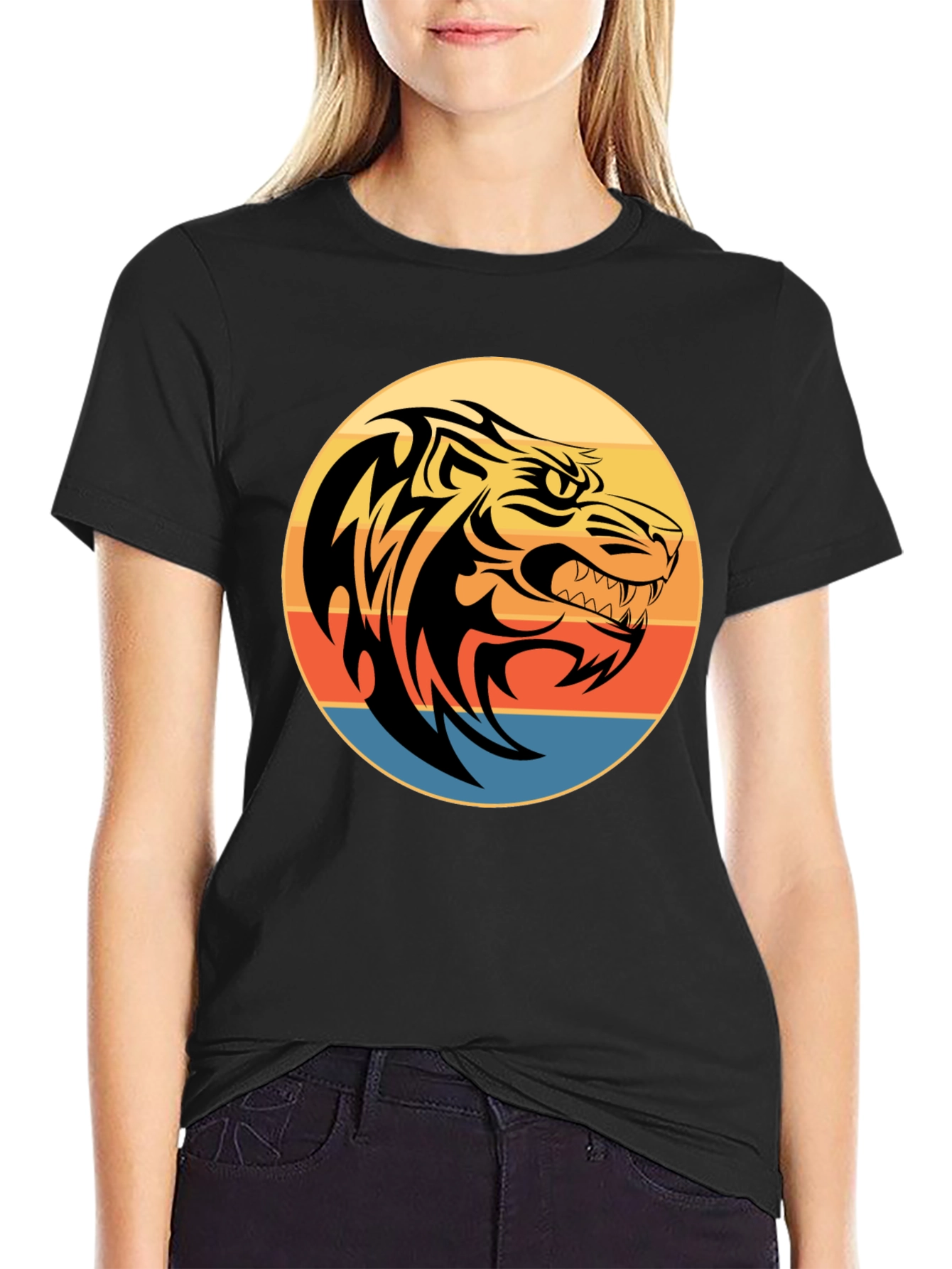 Tribal Tiger Graphic Print Black T-Shirt