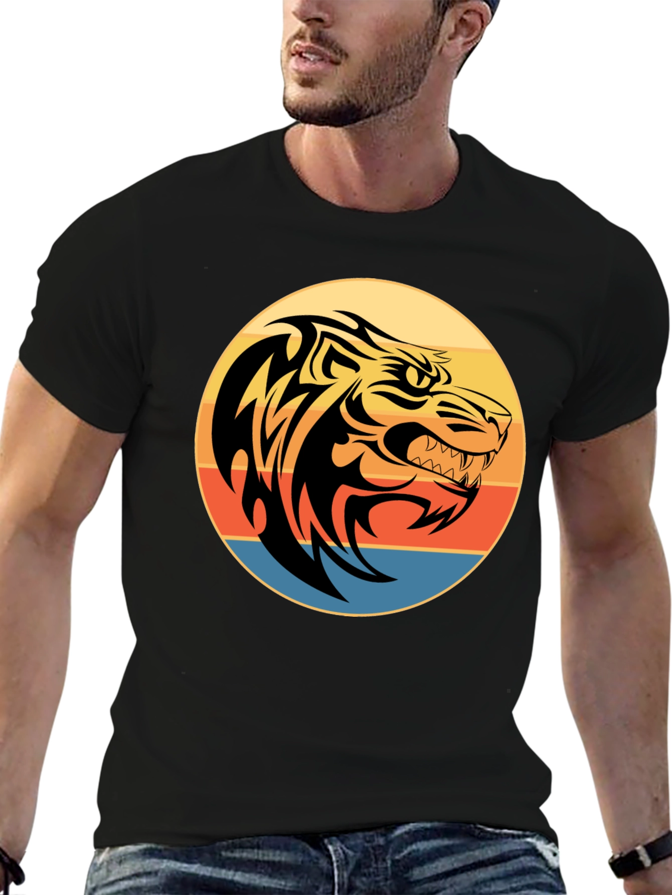 Tribal Tiger Graphic Print Black T-Shirt