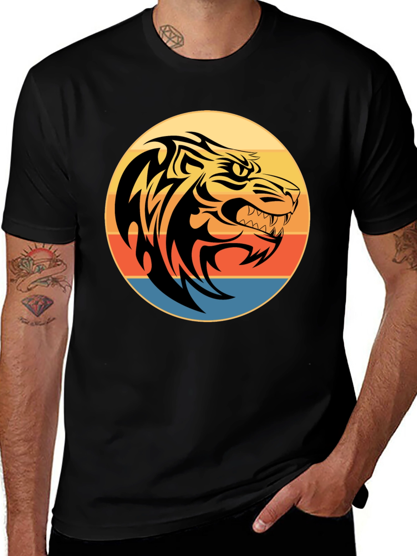 Tribal Tiger Graphic Print Black T-Shirt