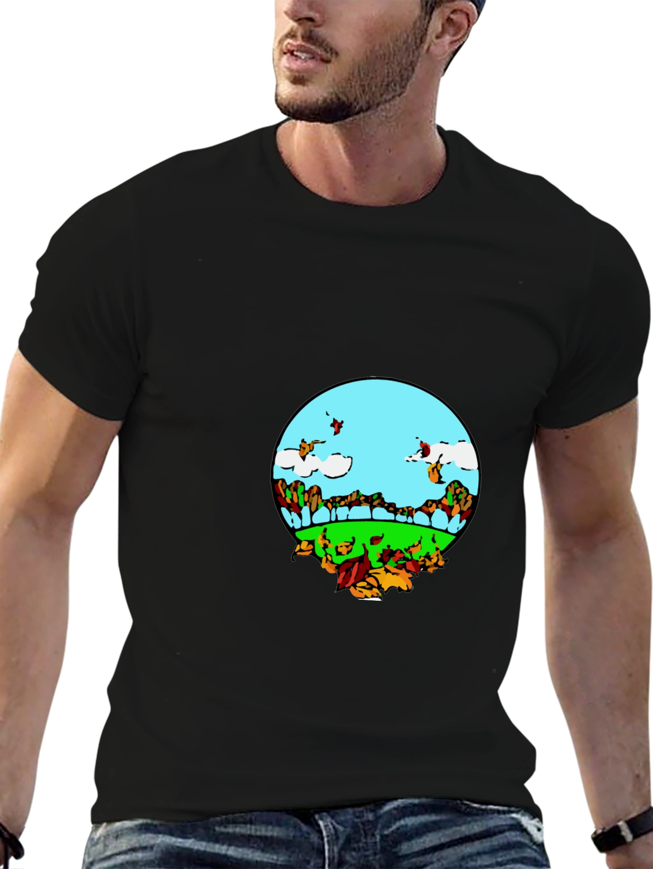 Nature Scene Graphic Tee - Black Casual T-Shirt