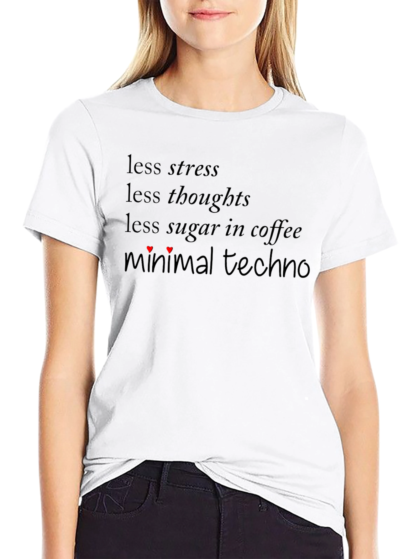 Minimal Techno Black T-Shirt: Less Stress More Music