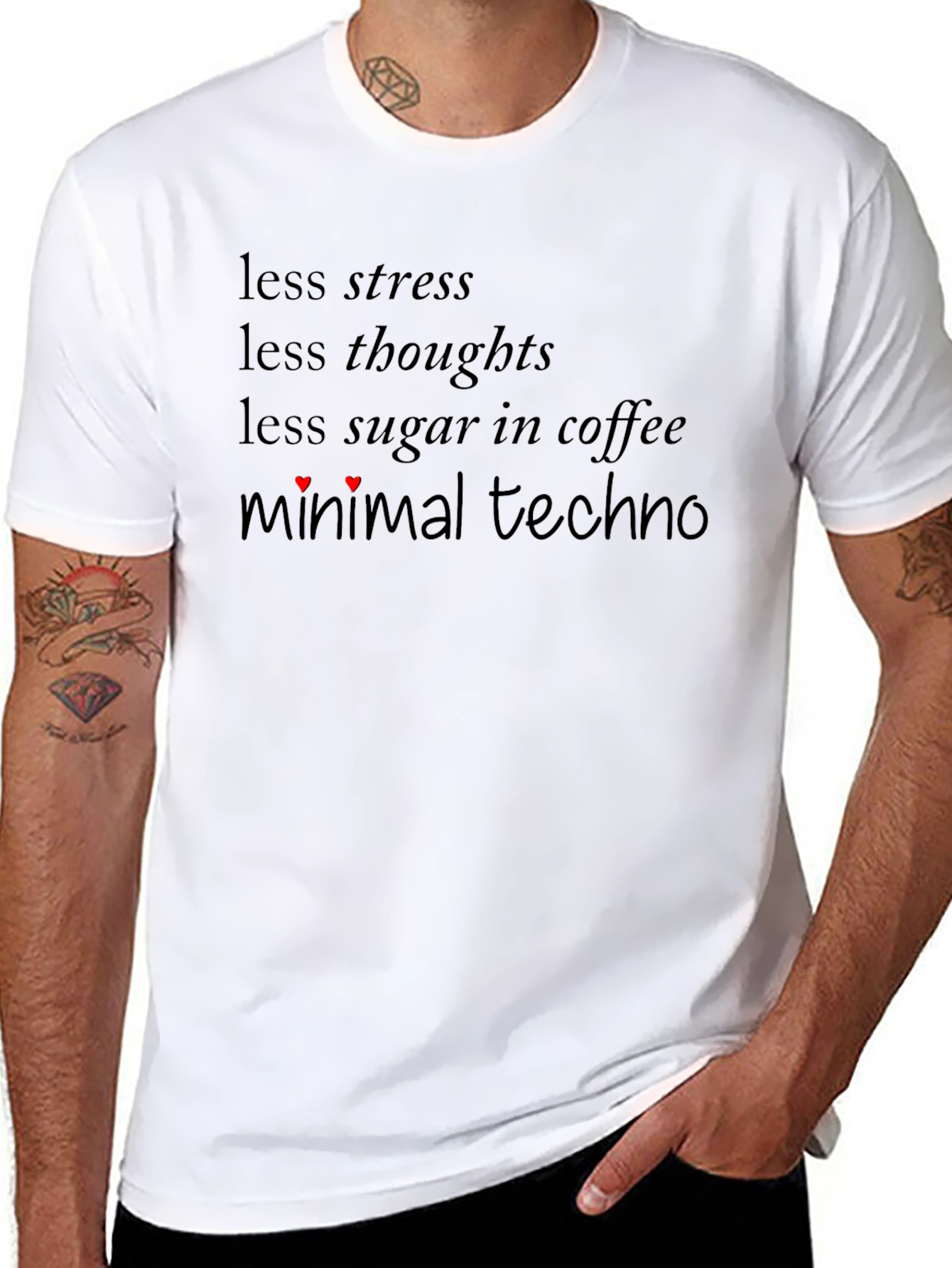 Minimal Techno Black T-Shirt: Less Stress More Music