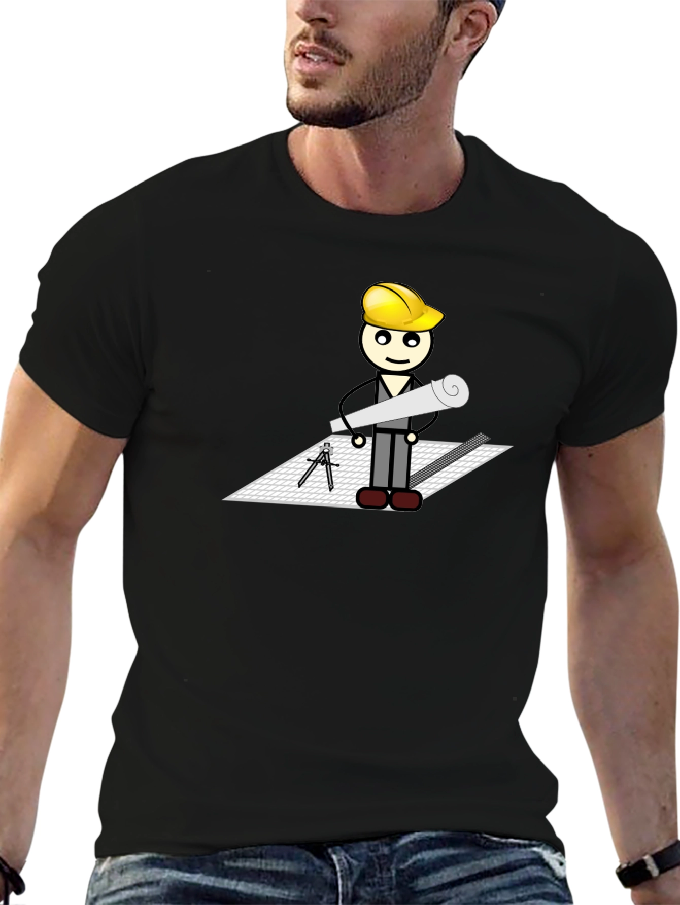 Cartoon Architect on Black T-Shirt