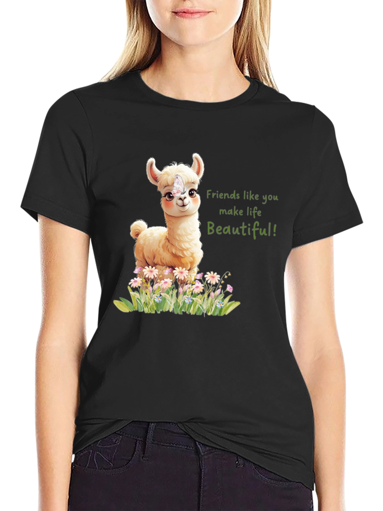 Cute Llama & Butterfly Friends Make Life Beautiful T-Shirt