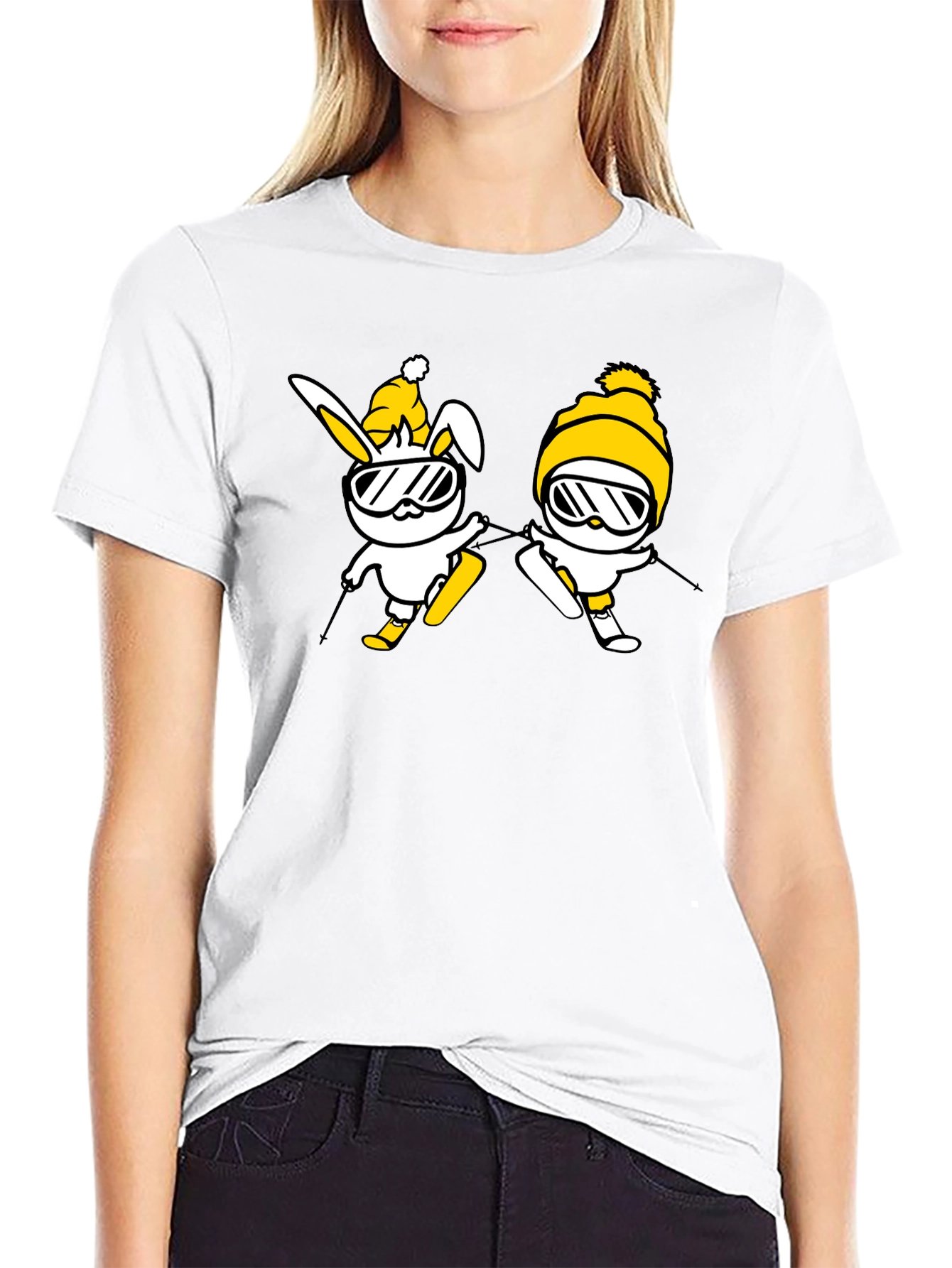 Skiing Bunny Graphic Tee - Black Cotton T-Shirt