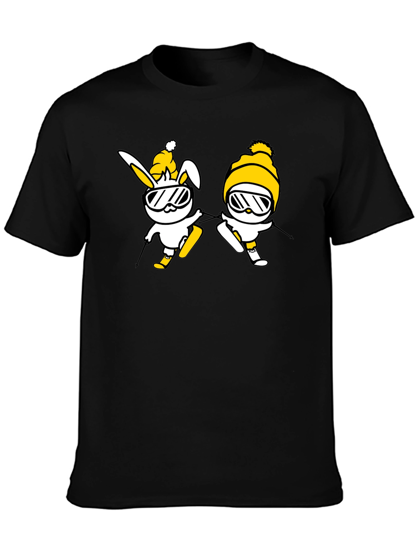 Skiing Bunny Graphic Tee - Black Cotton T-Shirt