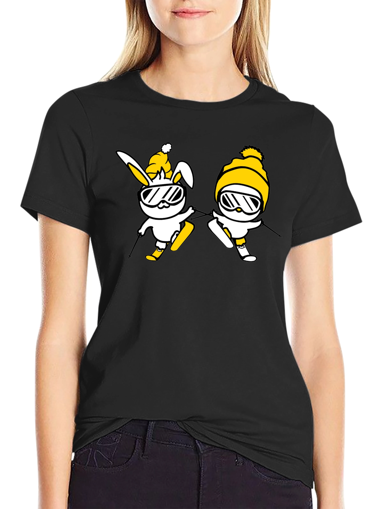 Skiing Bunny Graphic Tee - Black Cotton T-Shirt