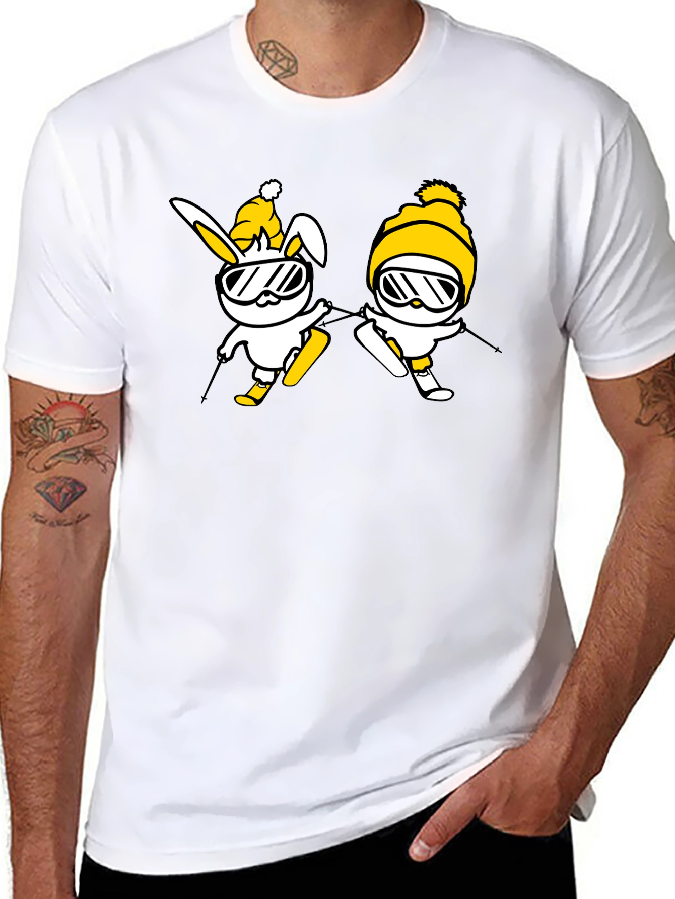 Skiing Bunny Graphic Tee - Black Cotton T-Shirt