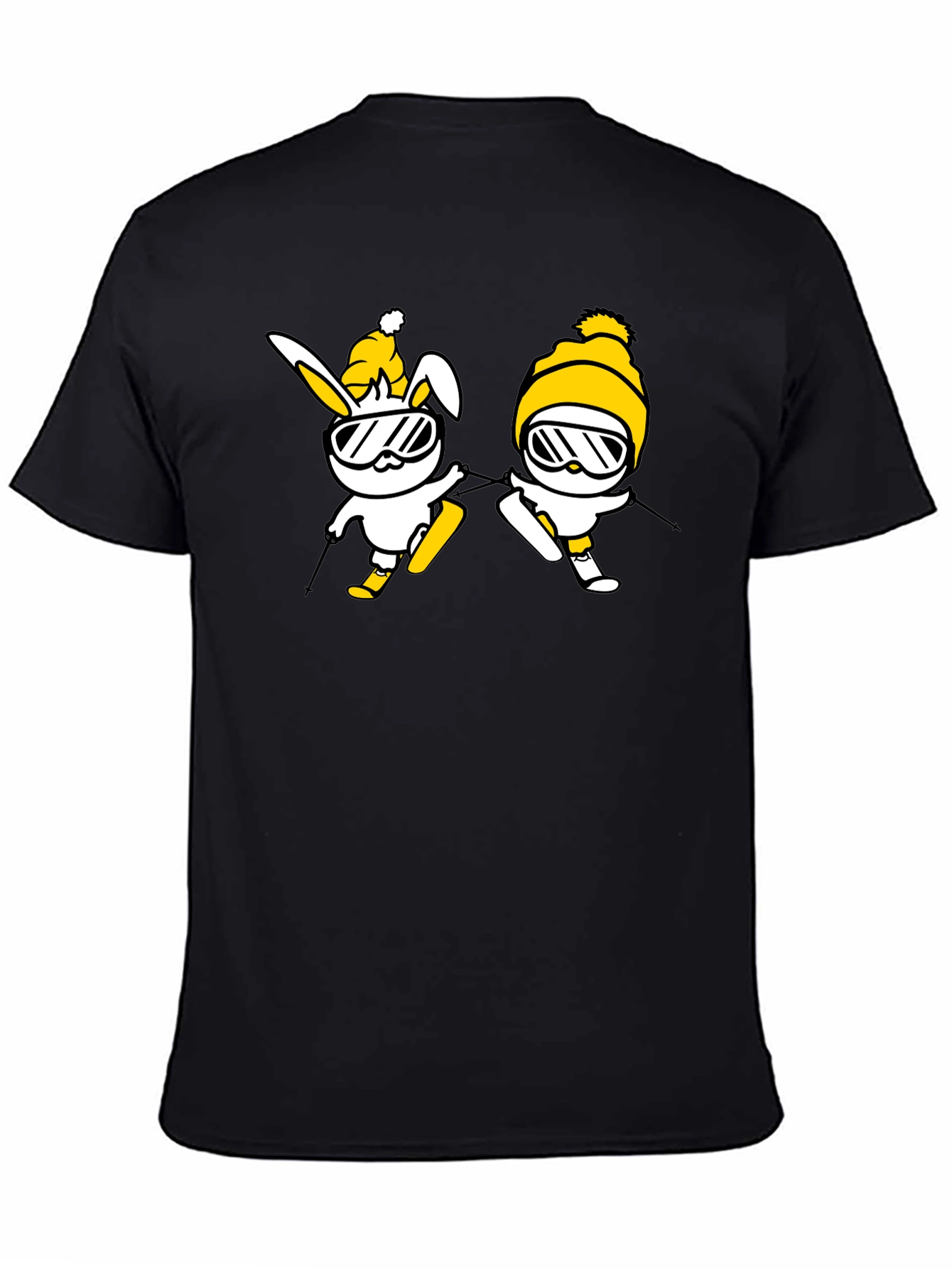Skiing Bunny Graphic Tee - Black Cotton T-Shirt