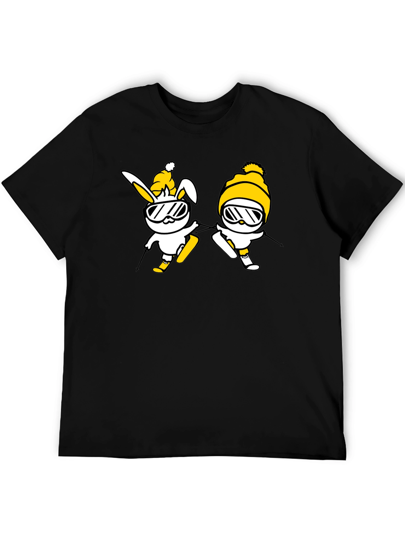 Skiing Bunny Graphic Tee - Black Cotton T-Shirt