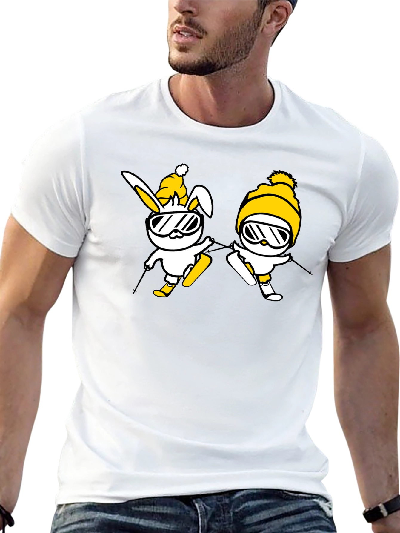 Skiing Bunny Graphic Tee - Black Cotton T-Shirt