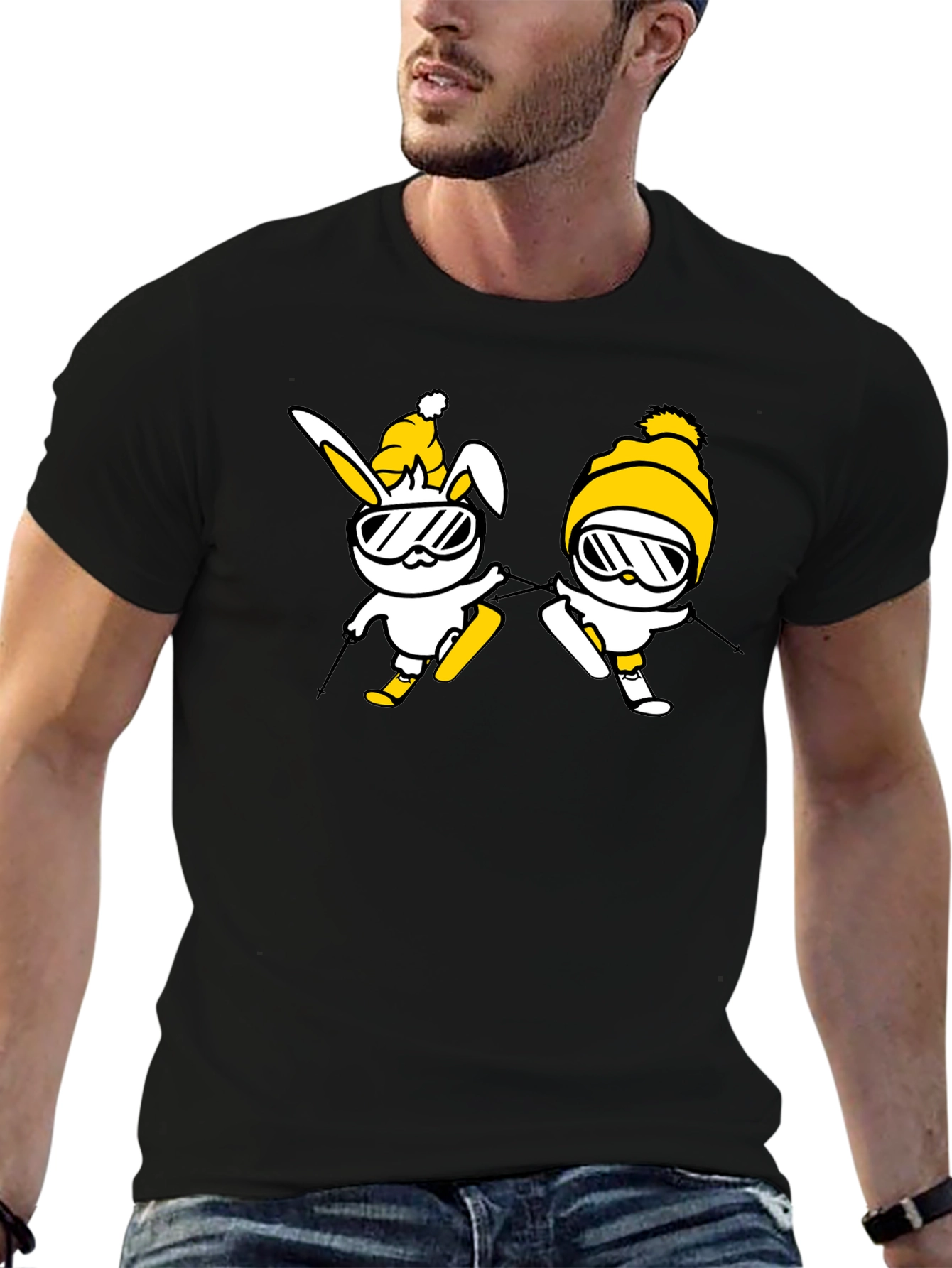 Skiing Bunny Graphic Tee - Black Cotton T-Shirt