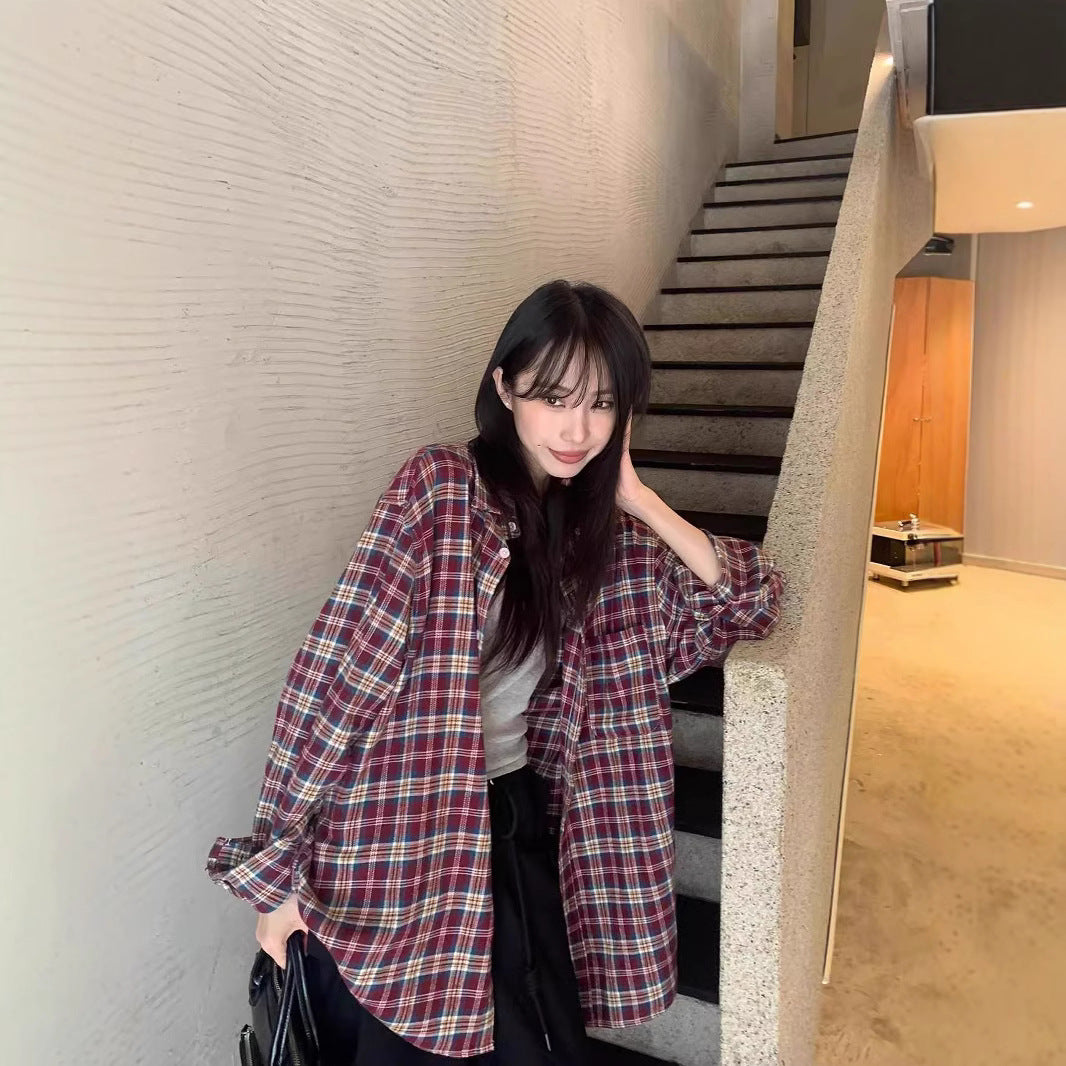 Retro Color Block Plaid Shirt Jacket for Women Casual Long Sleeve Top