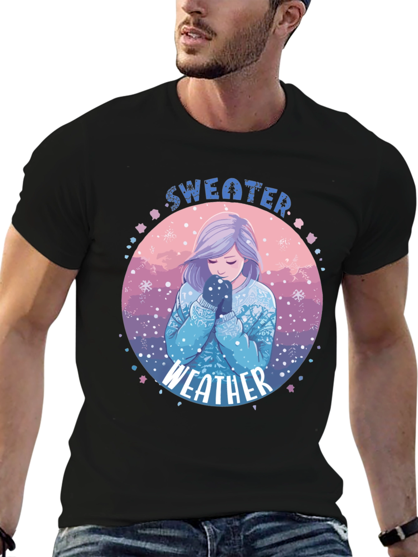 Sweater Weather Graphic T-Shirt - Cozy Anime Girl Design