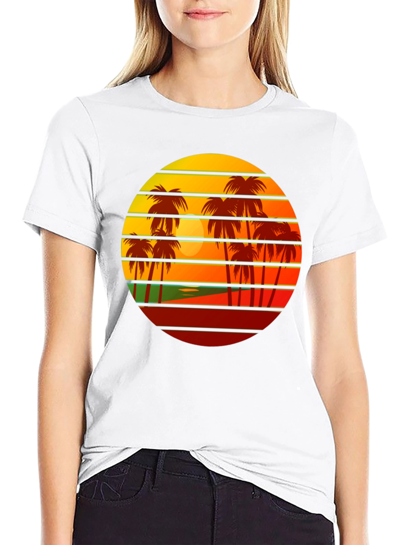 Retro Sunset Palm Tree Graphic Tee - Black