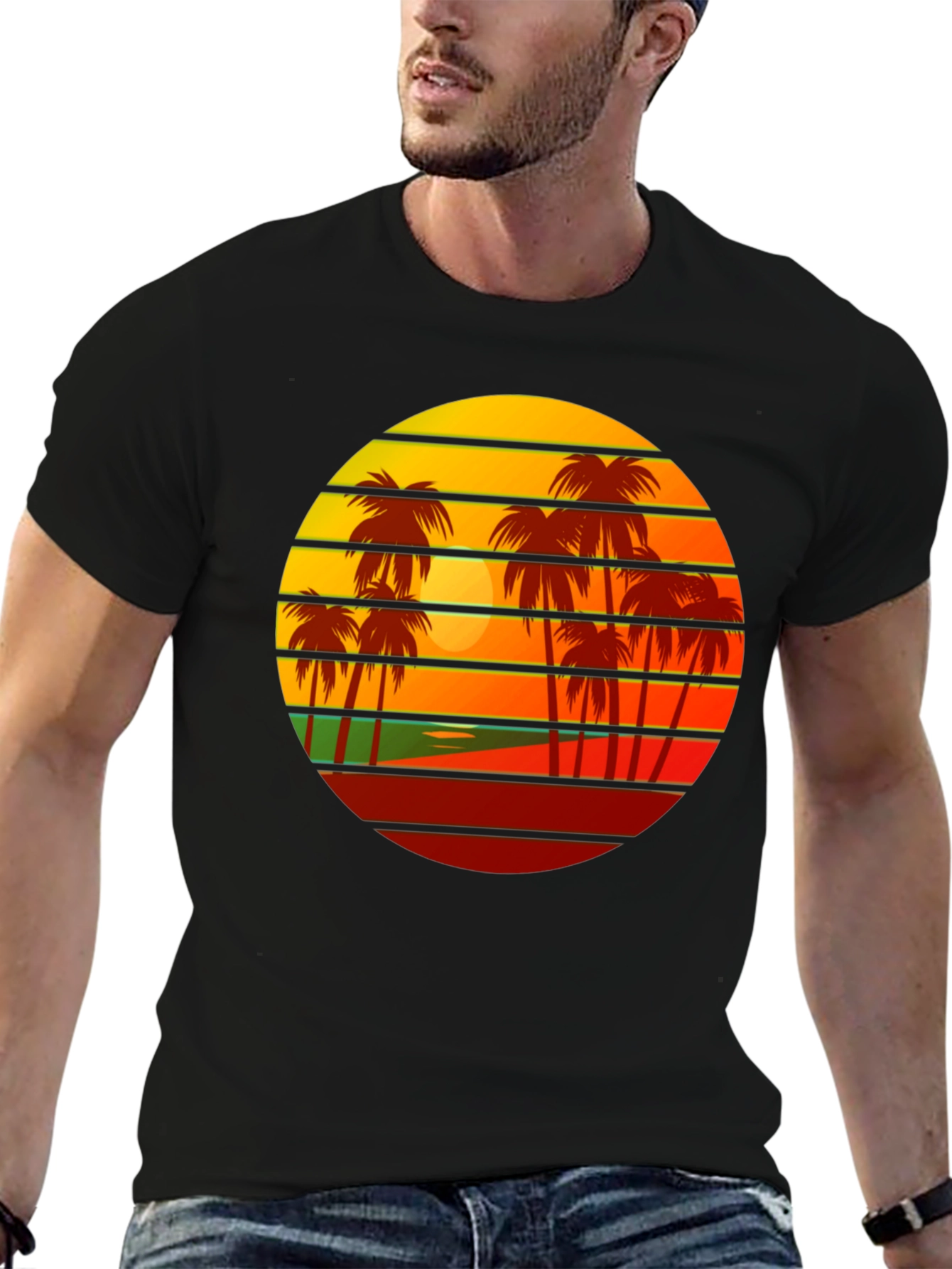 Retro Sunset Palm Tree Graphic Tee - Black