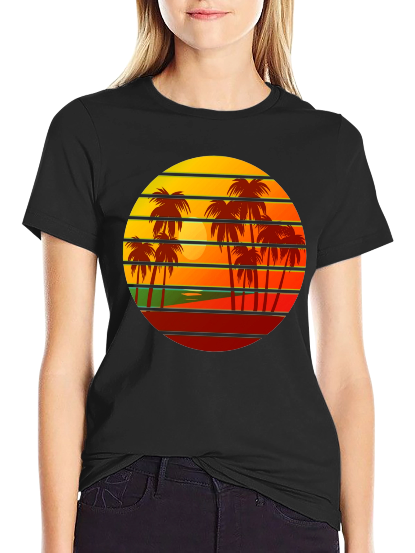 Retro Sunset Palm Tree Graphic Tee - Black