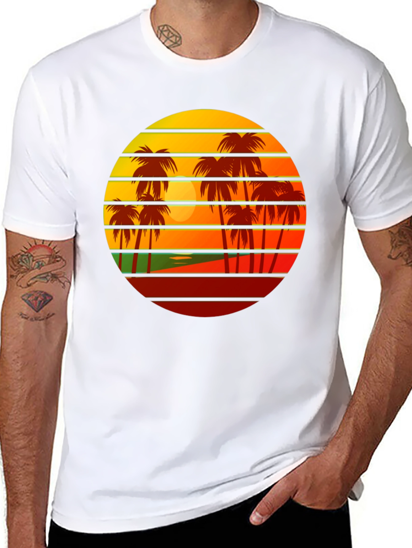 Retro Sunset Palm Tree Graphic Tee - Black