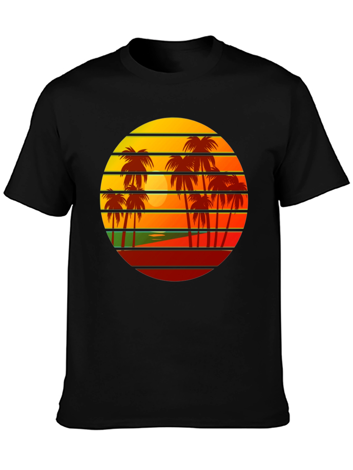 Retro Sunset Palm Tree Graphic Tee - Black