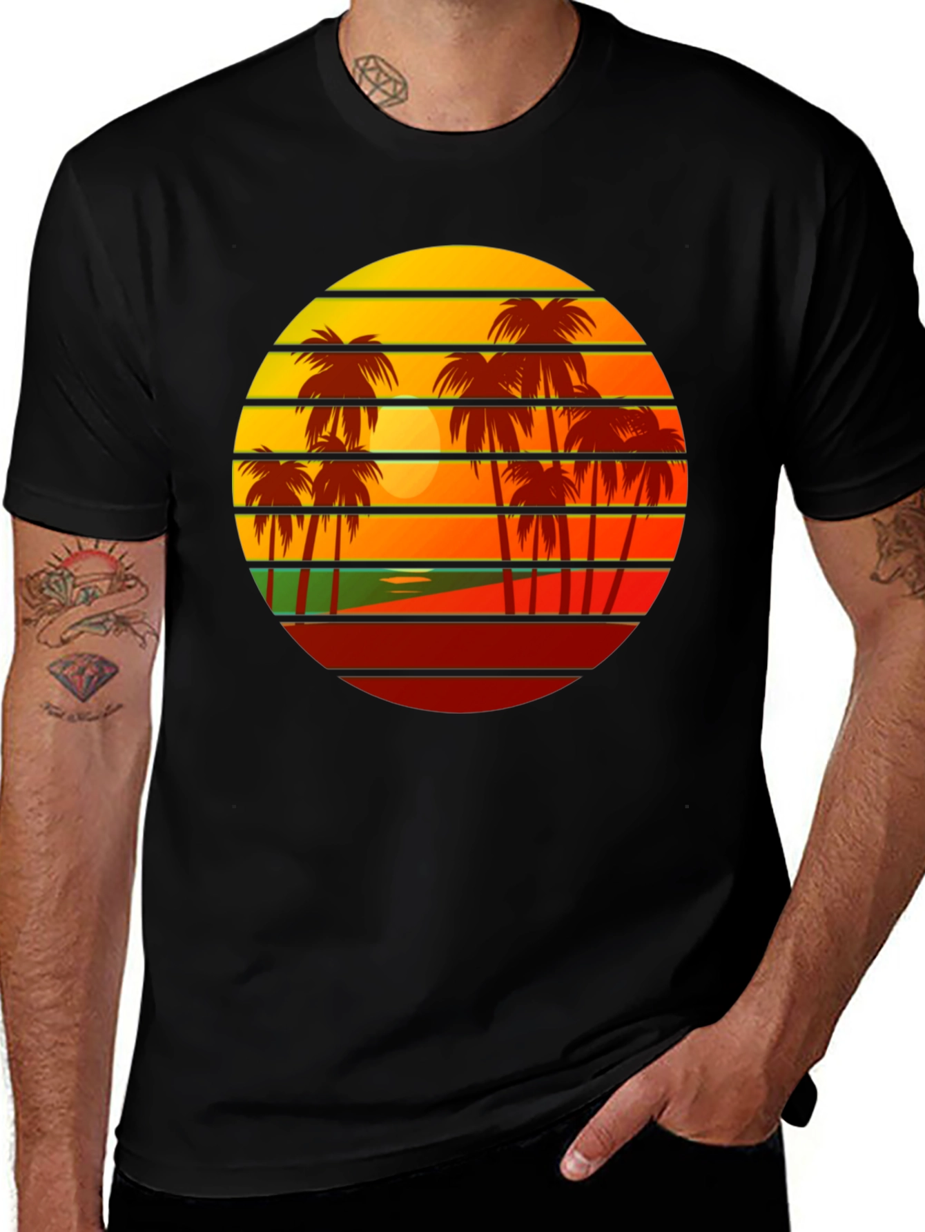Retro Sunset Palm Tree Graphic Tee - Black