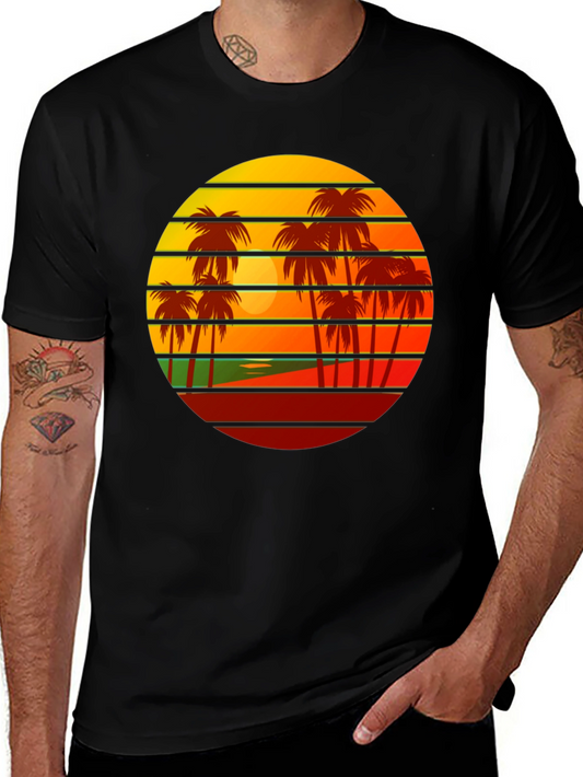 Retro Sunset Palm Tree Graphic Tee - Black