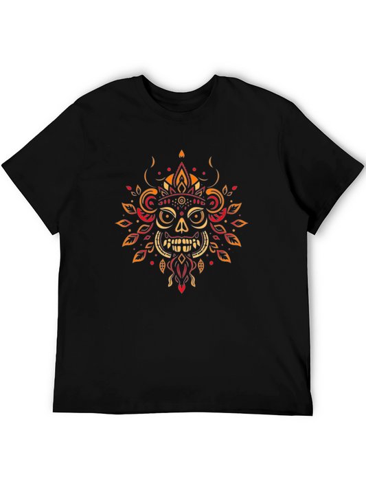 Skull Graphic Tee - Tribal Design Black T-Shirt