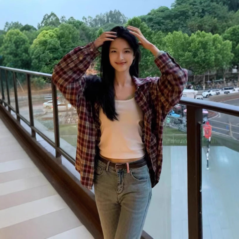 Retro Color Block Plaid Shirt Jacket for Women Casual Long Sleeve Top