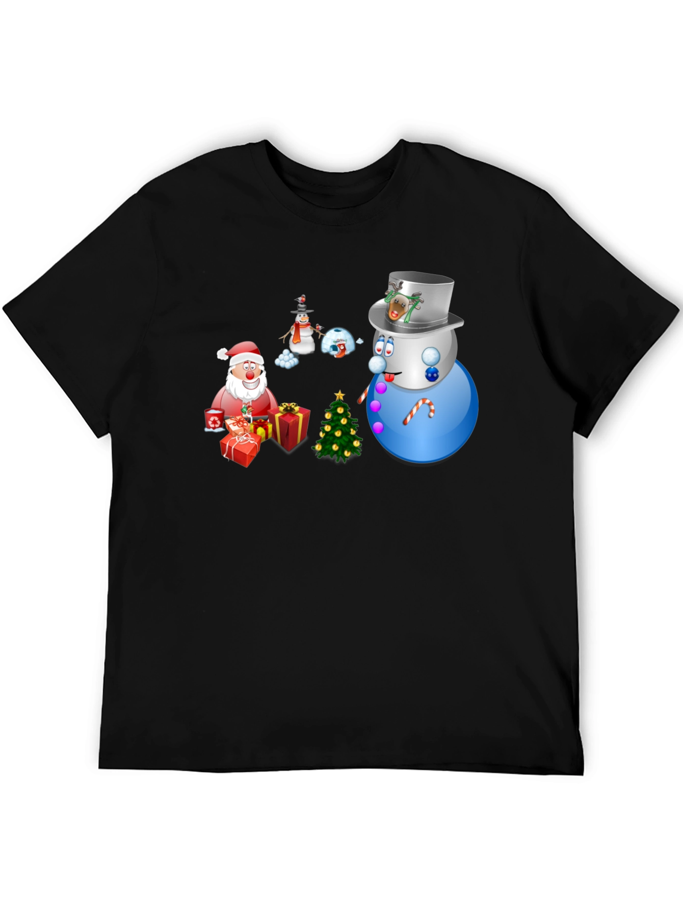 Festive Holiday T-Shirt - Santa Snowmen & Christmas Tree