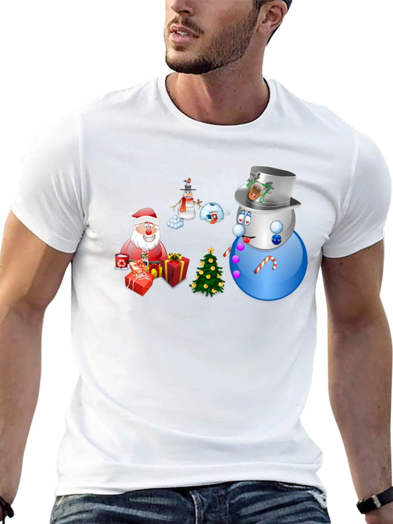 Festive Holiday T-Shirt - Santa Snowmen & Christmas Tree