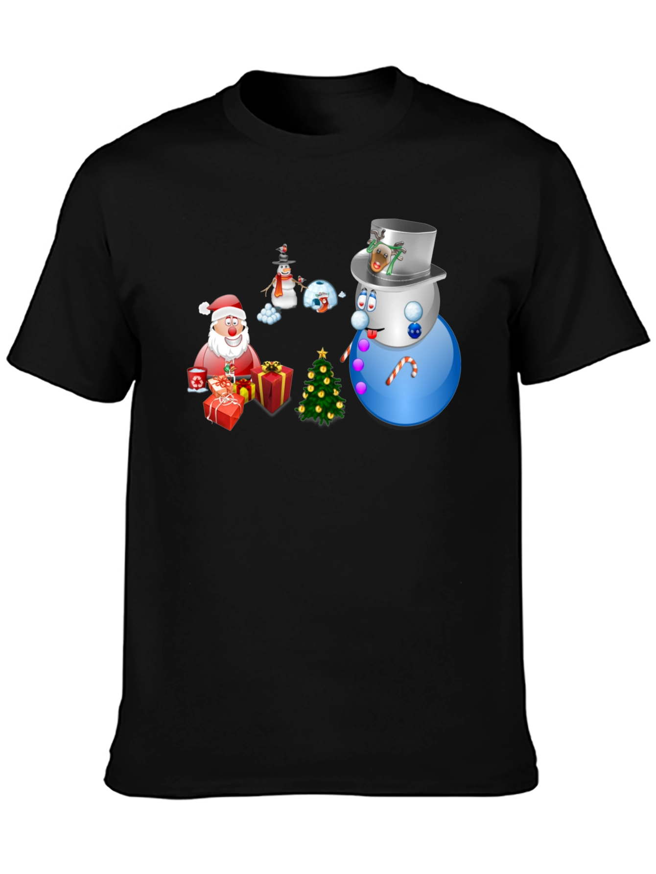 Festive Holiday T-Shirt - Santa Snowmen & Christmas Tree