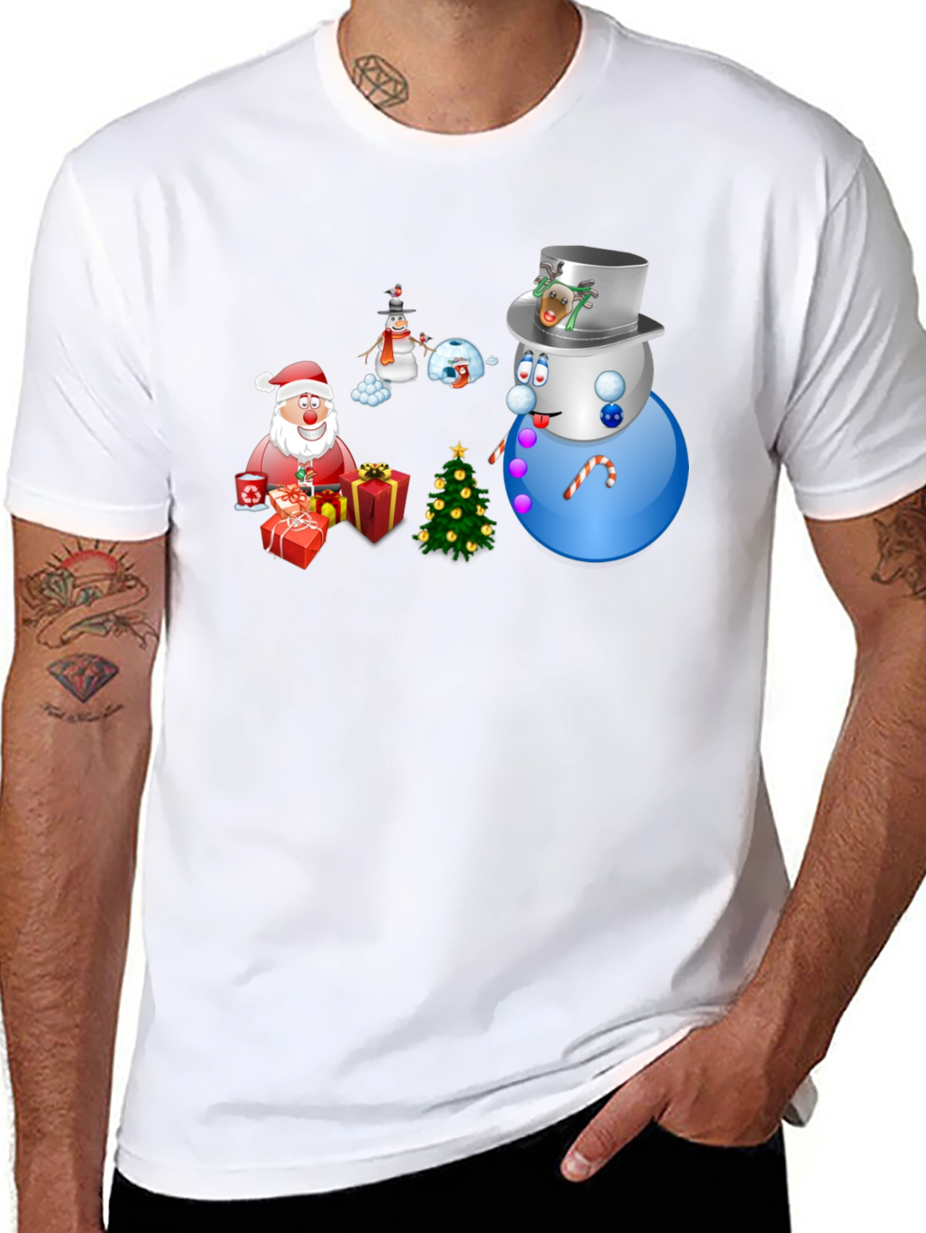 Festive Holiday T-Shirt - Santa Snowmen & Christmas Tree