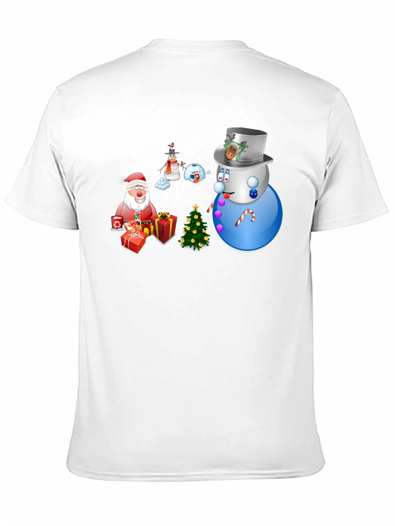 Festive Holiday T-Shirt - Santa Snowmen & Christmas Tree