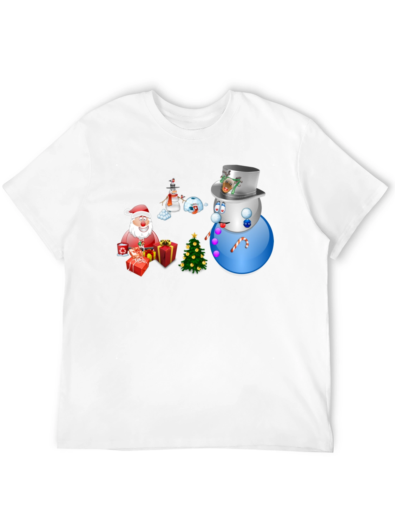 Festive Holiday T-Shirt - Santa Snowmen & Christmas Tree