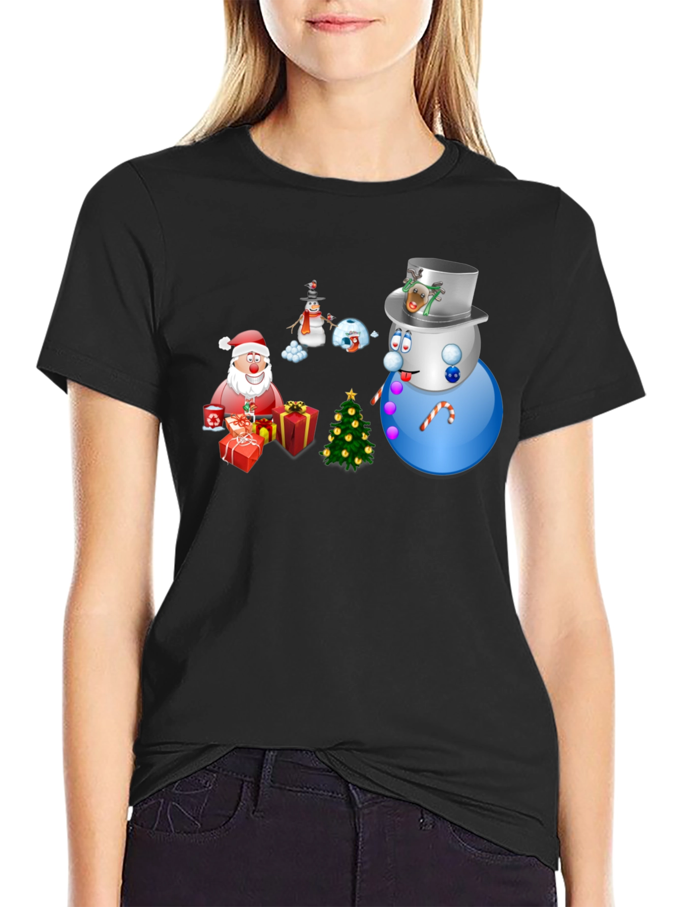 Festive Holiday T-Shirt - Santa Snowmen & Christmas Tree