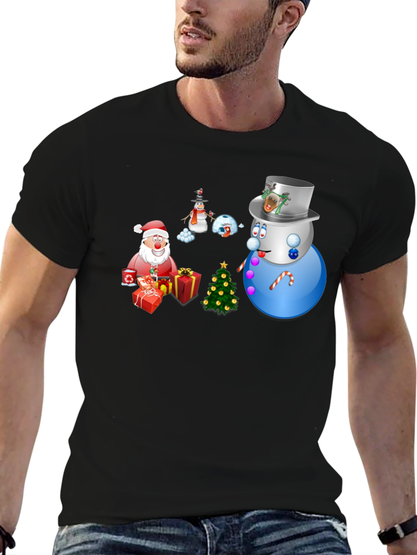 Festive Holiday T-Shirt - Santa Snowmen & Christmas Tree