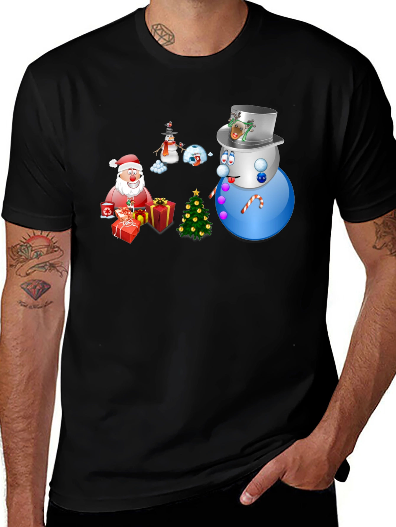 Festive Holiday T-Shirt - Santa Snowmen & Christmas Tree