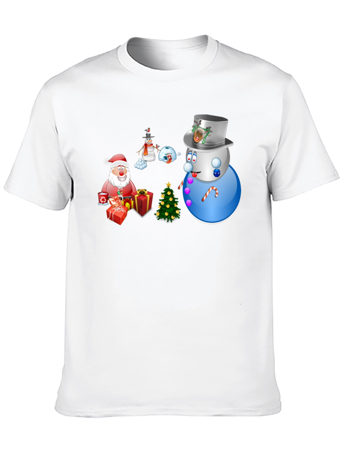 Festive Holiday T-Shirt - Santa Snowmen & Christmas Tree