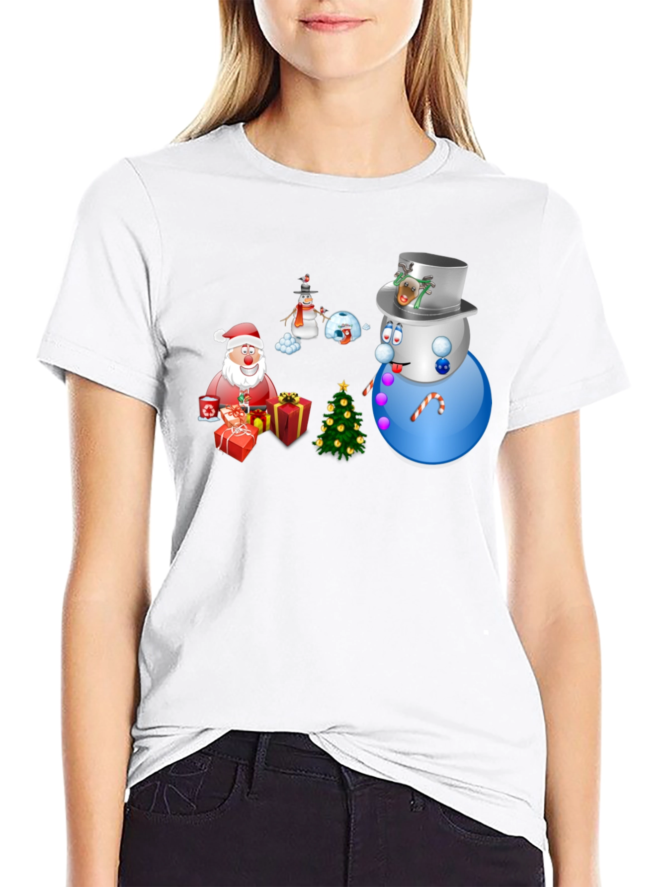 Festive Holiday T-Shirt - Santa Snowmen & Christmas Tree