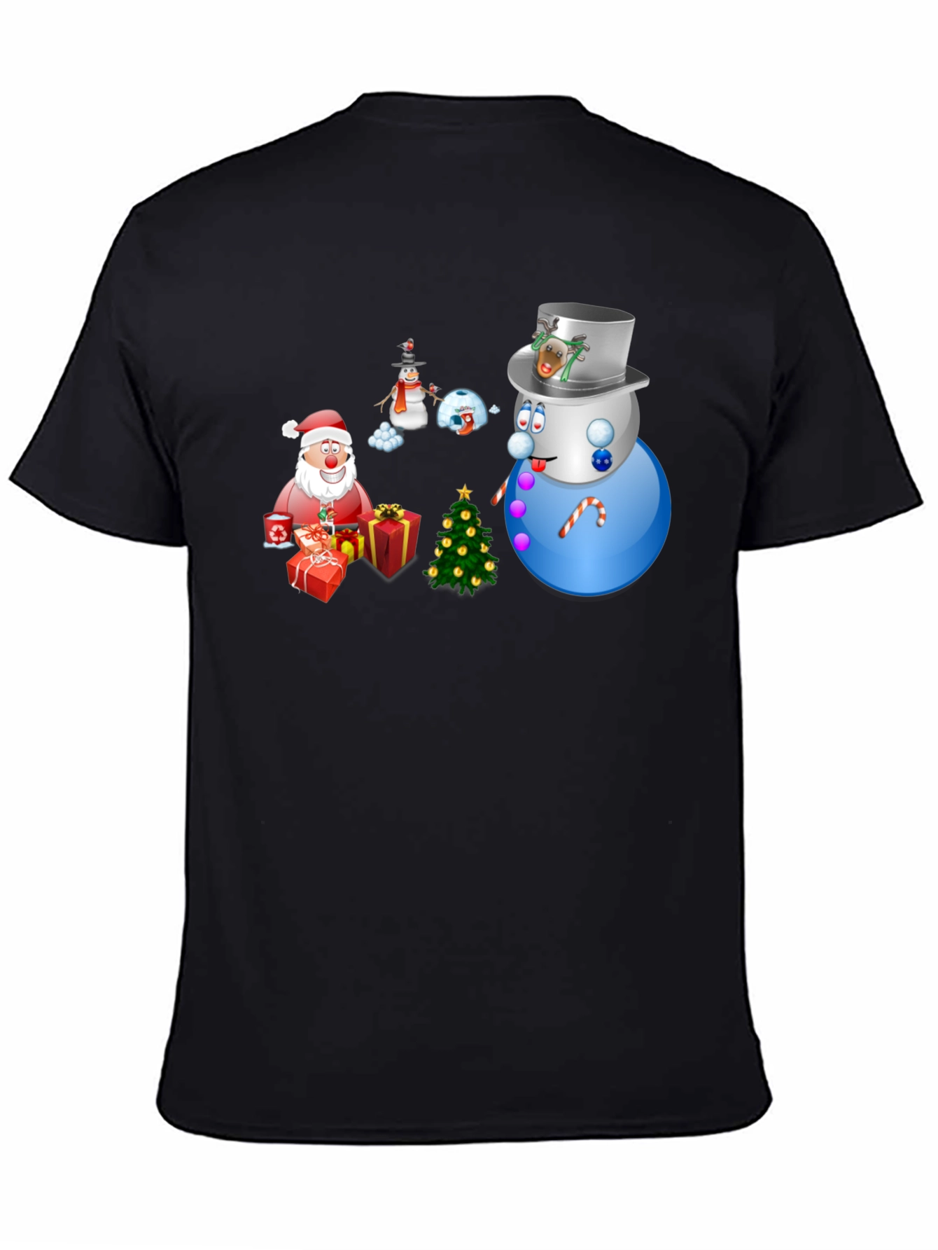 Festive Holiday T-Shirt - Santa Snowmen & Christmas Tree