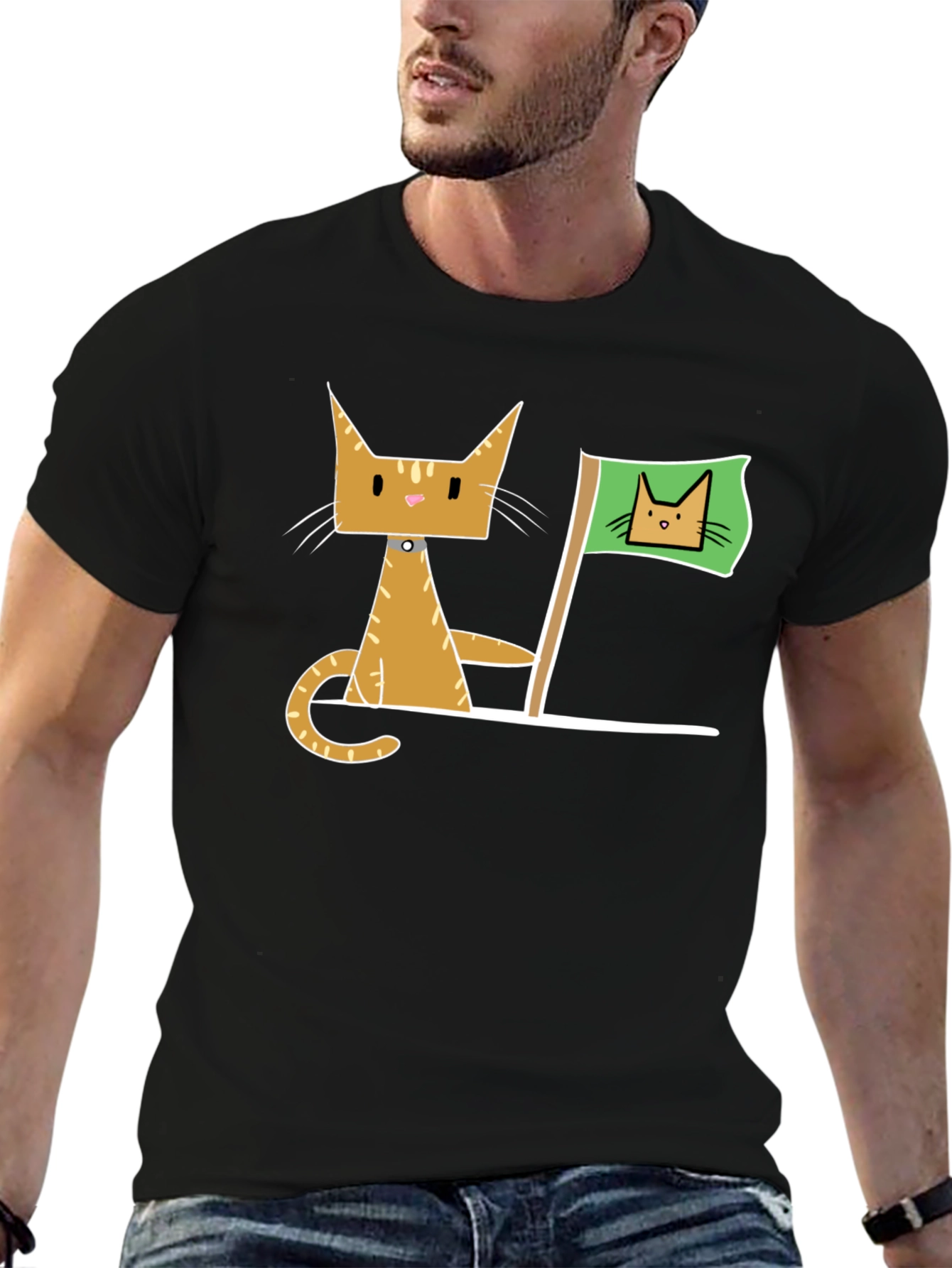 Geometric Cat Flag Black T-Shirt