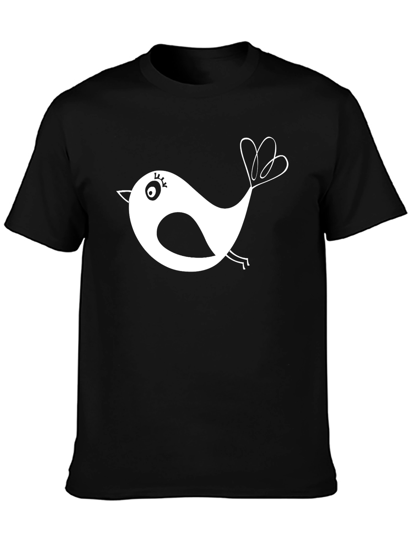 Black T-Shirt with Whimsical Bird Design