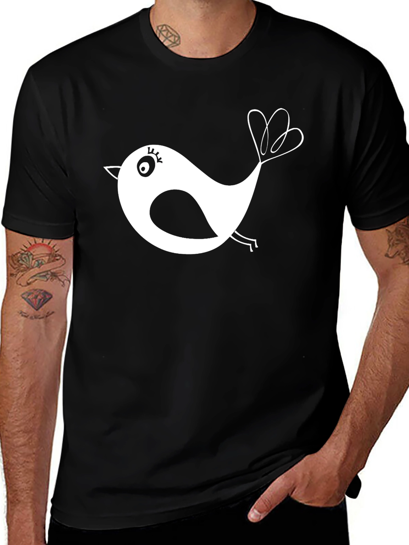 Black T-Shirt with Whimsical Bird Design