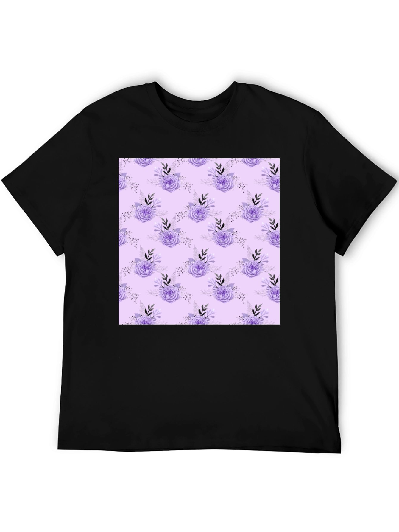 Floral Lavender Pattern Black T-Shirt