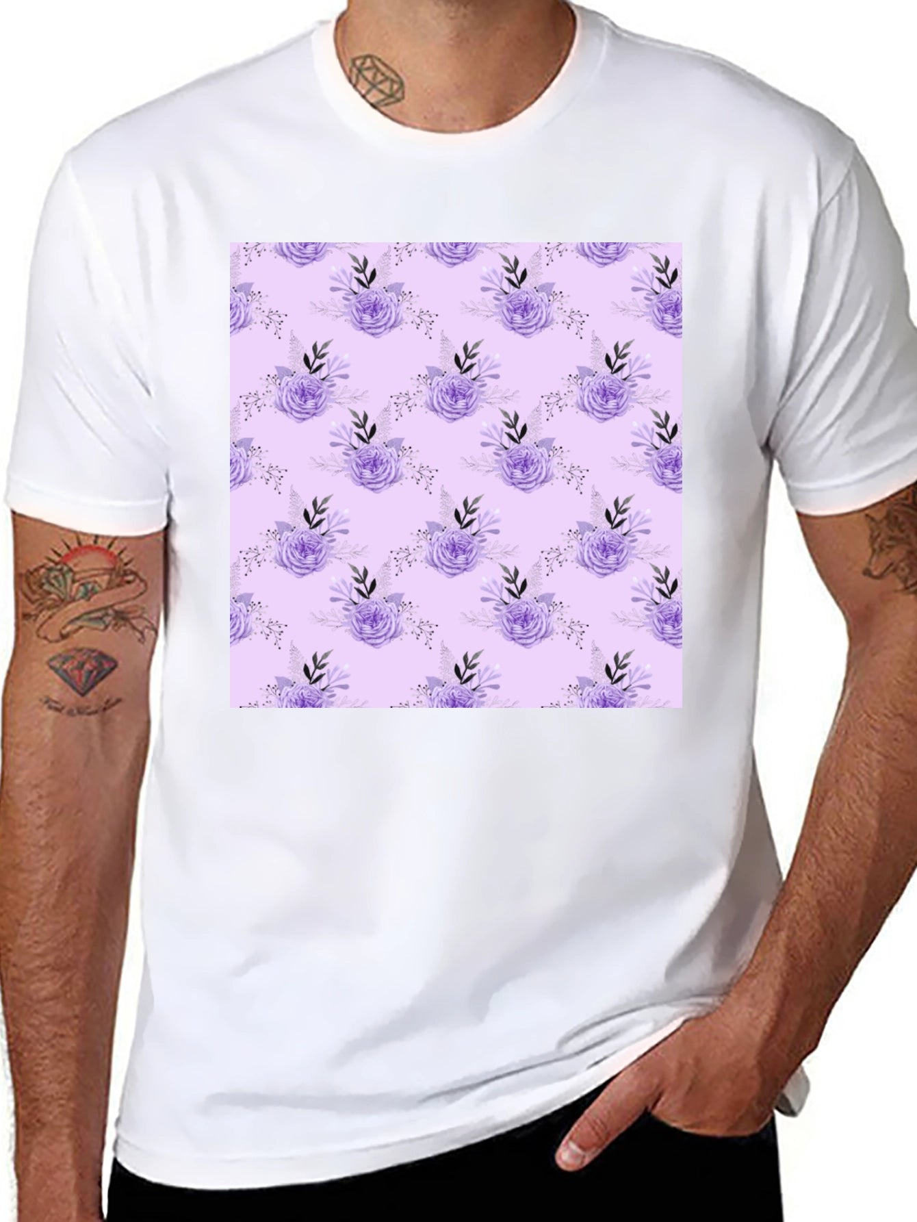 Floral Lavender Pattern Black T-Shirt