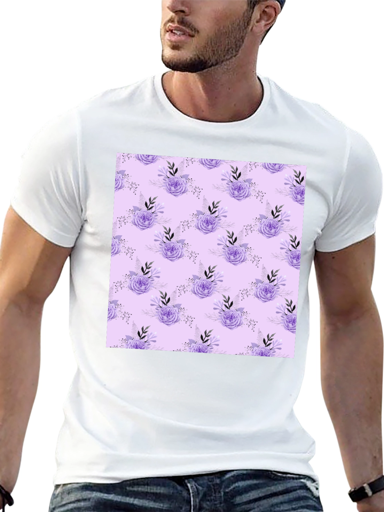 Floral Lavender Pattern Black T-Shirt