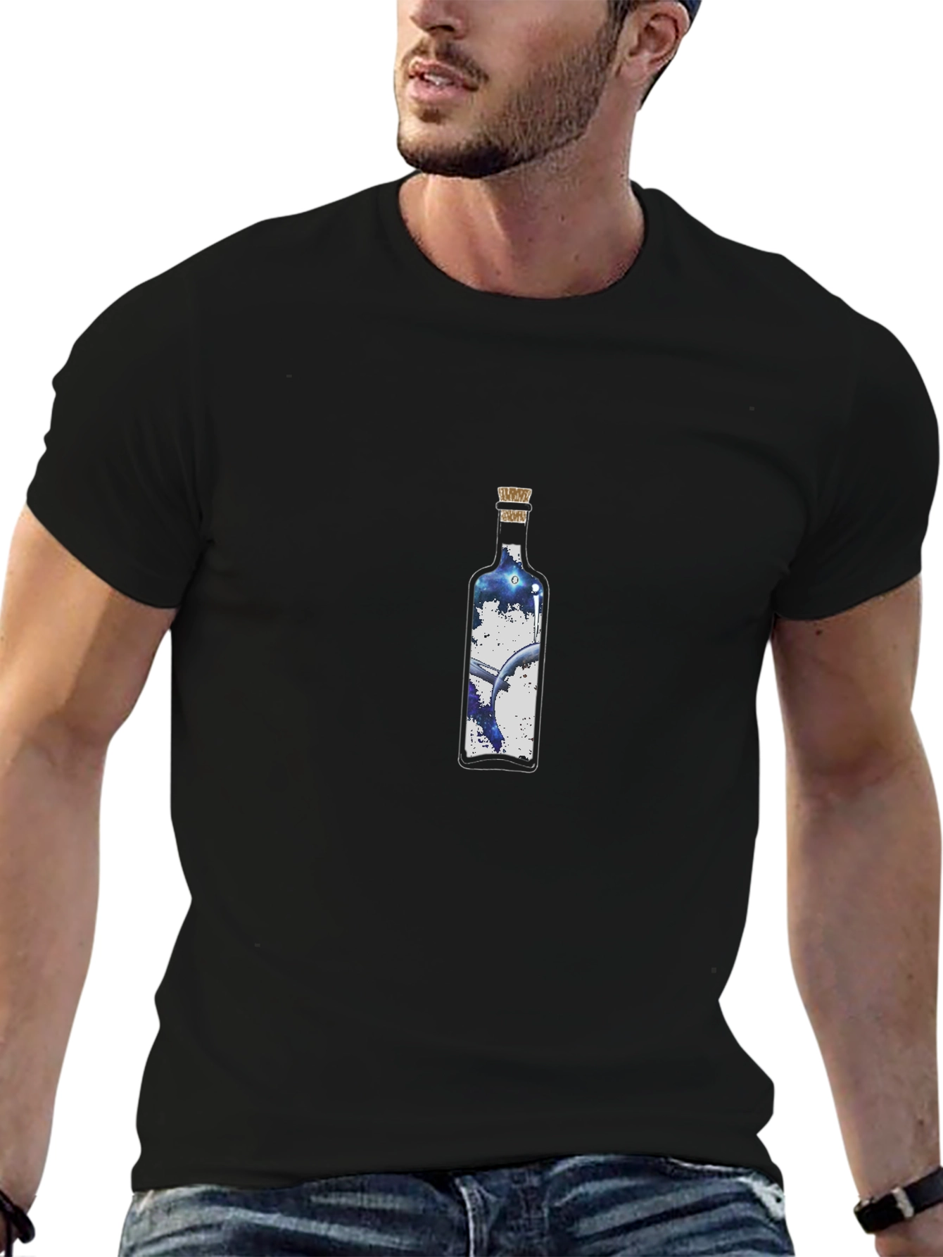Mens Black T-shirt with Bottle Graphic