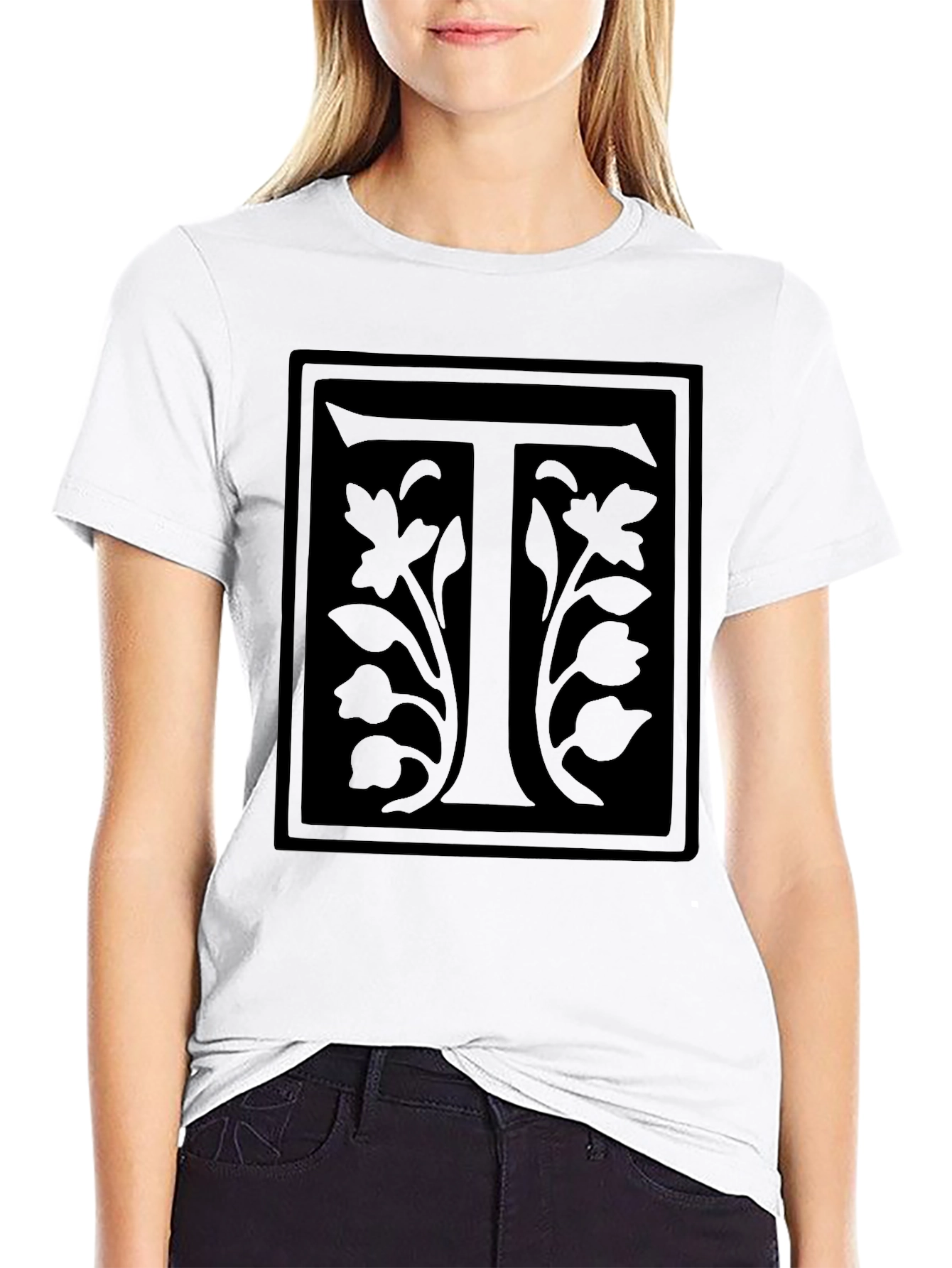 Floral Letter T Black Graphic Tee
