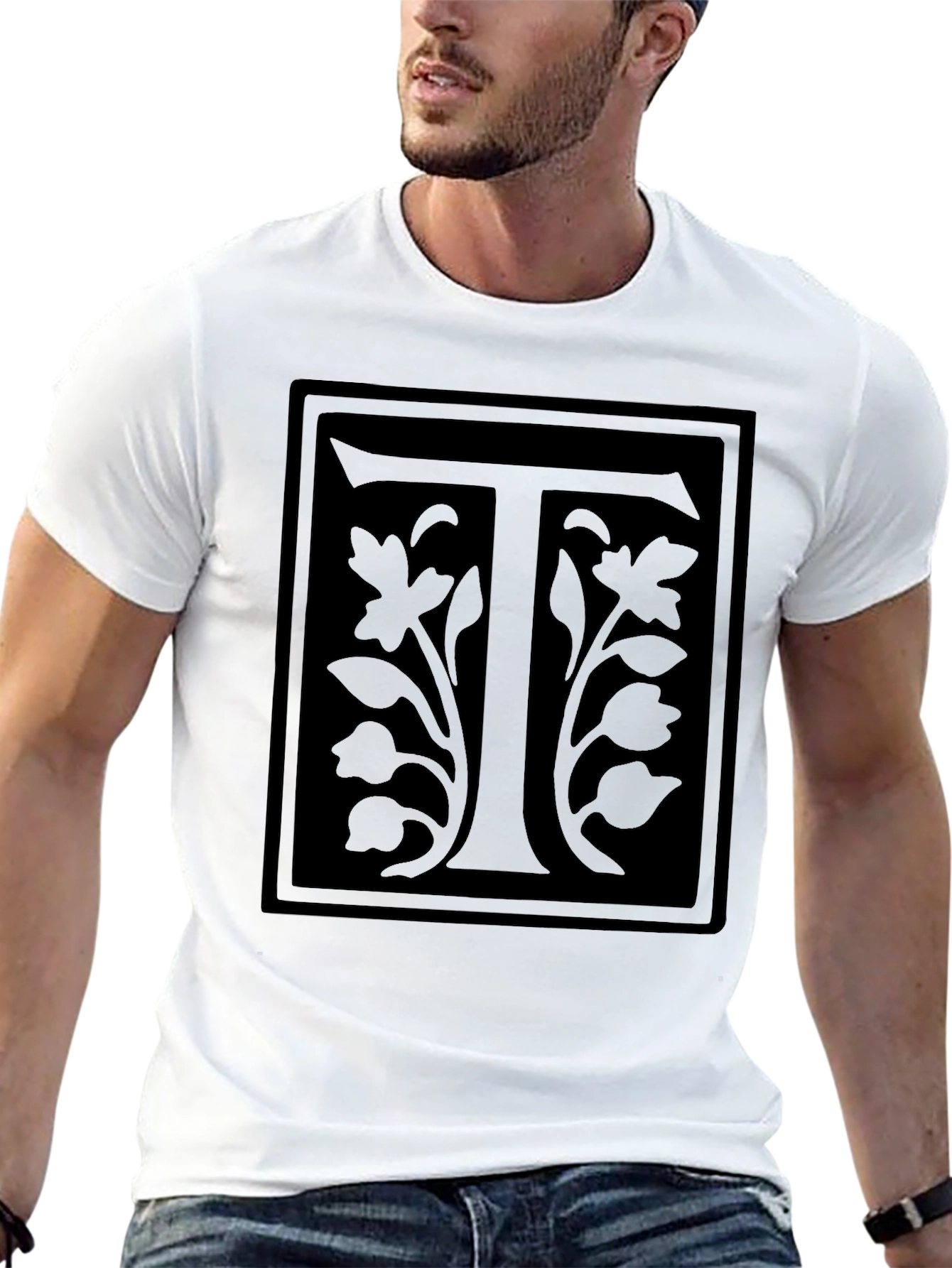Floral Letter T Black Graphic Tee