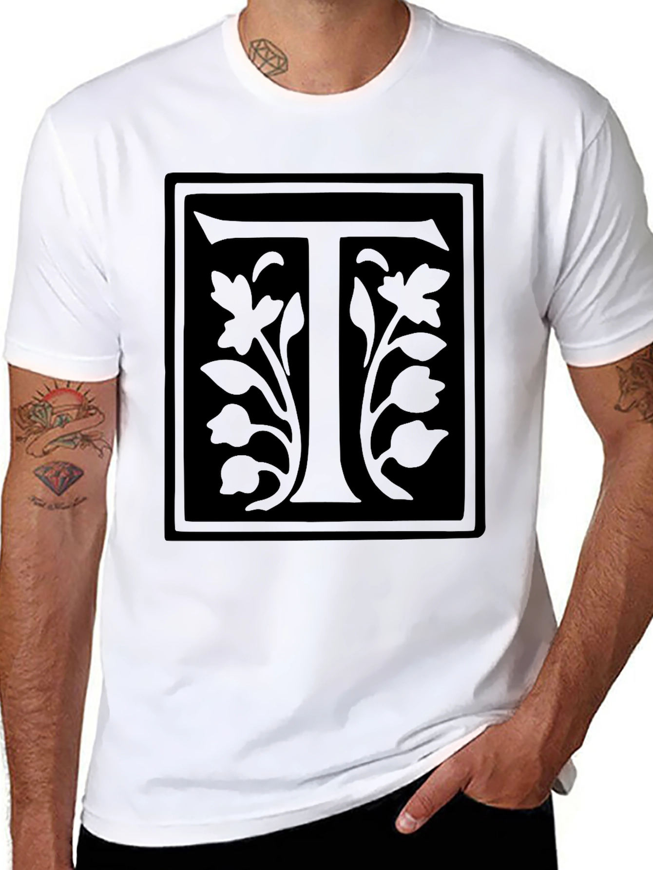 Floral Letter T Black Graphic Tee