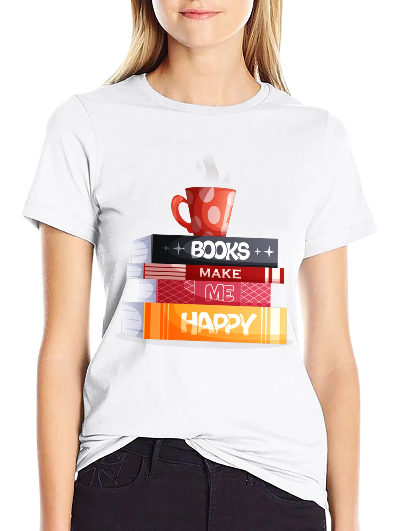 Book Lover Tee: Books Coffee and Happiness!